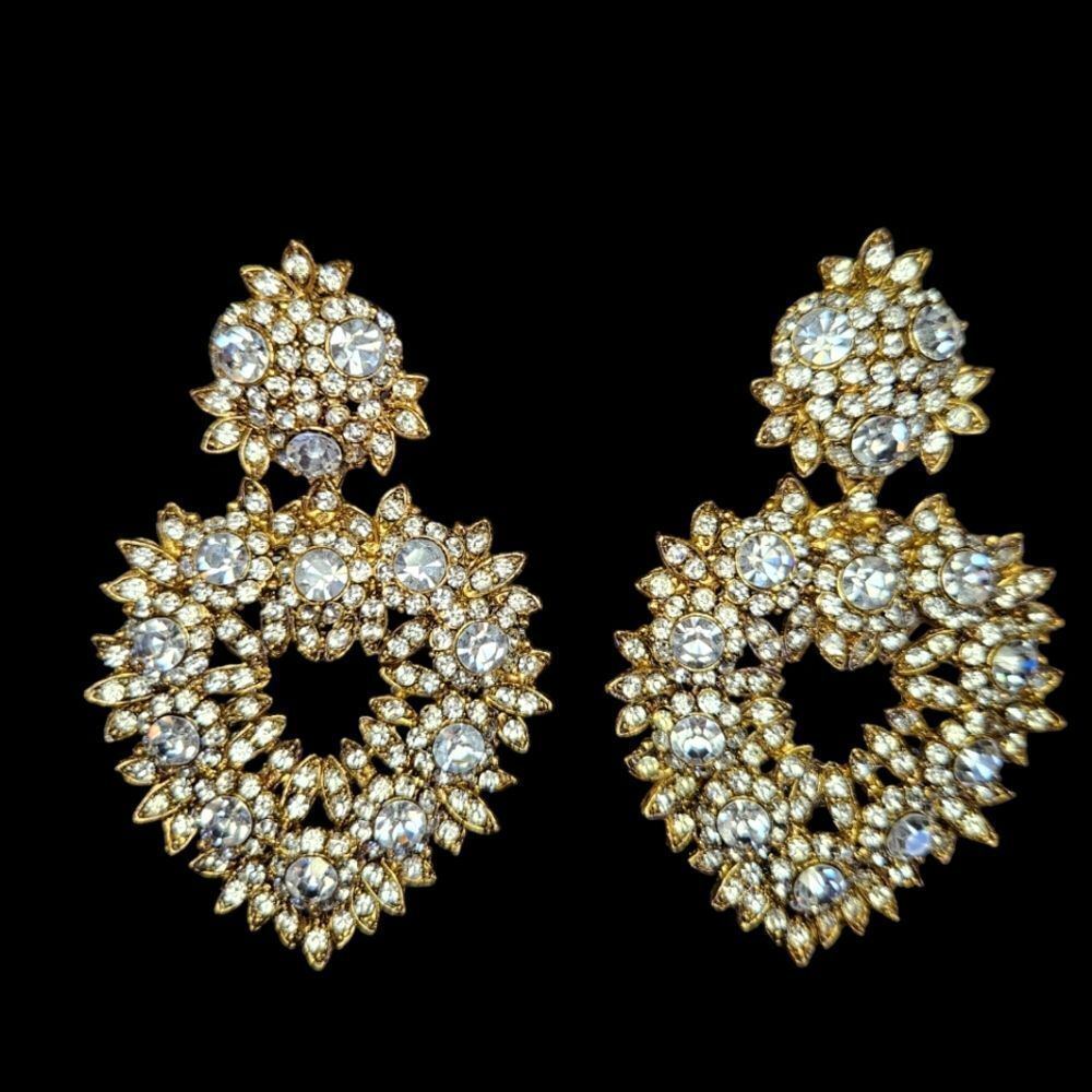 Vintage Thelma Deutsch Signed Large Rhinestone Open Heart Clip Dangle Earrings